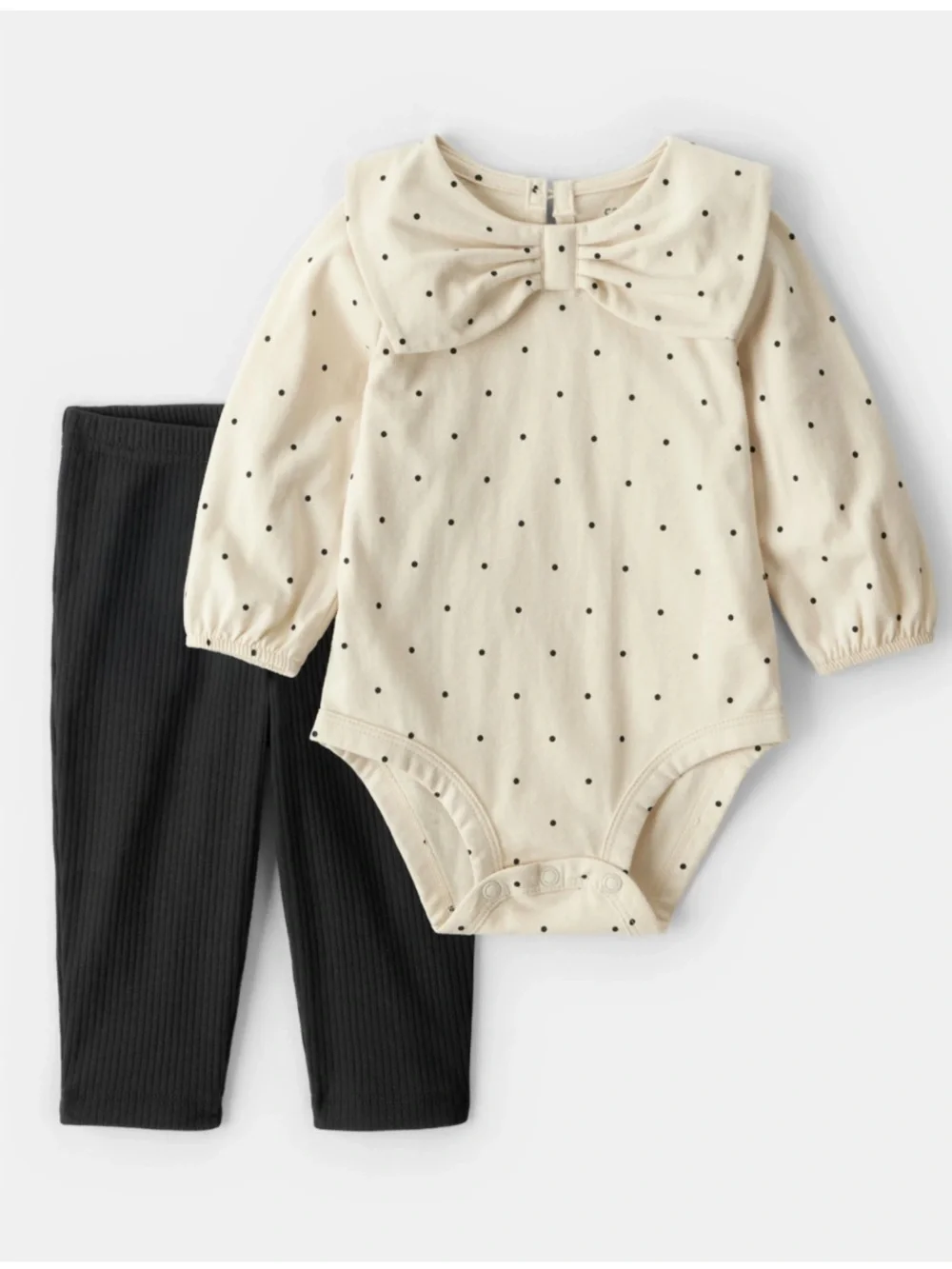 Cream Polka Dot Bow Baby Bodysuit & Black Ribbed Leggings Set